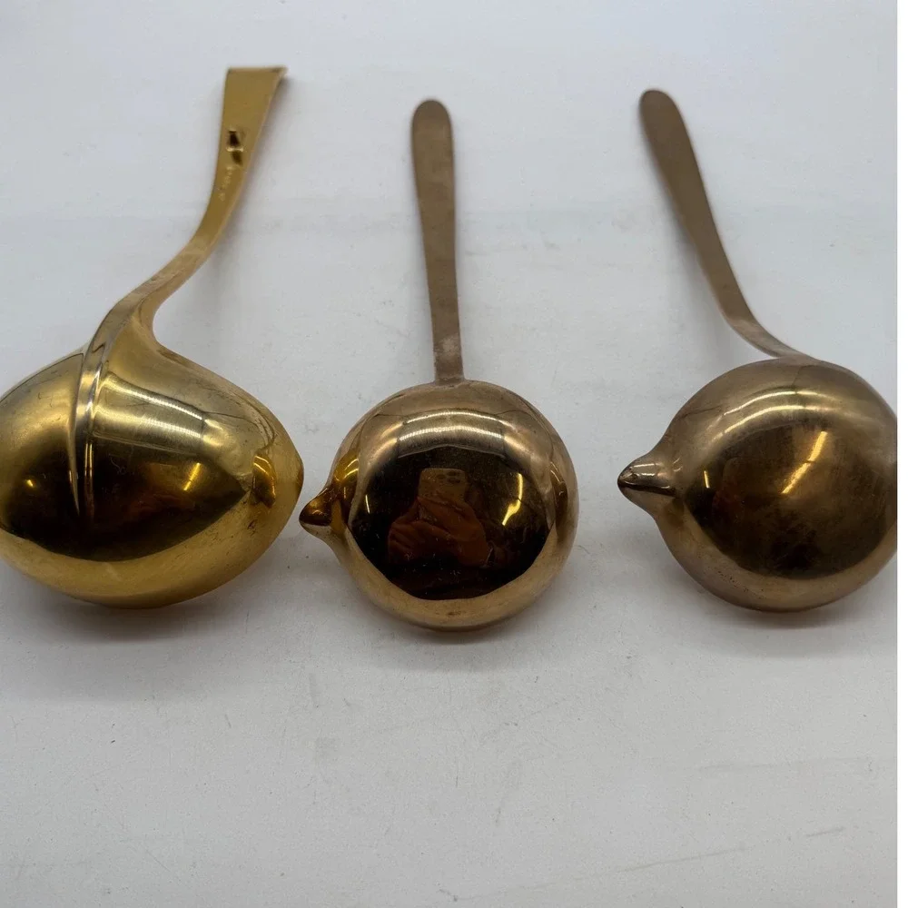 VTG MCM Thailand Bronze Brass Ladle Sauce Spoon Set 3 Gold Tone Floral Etched